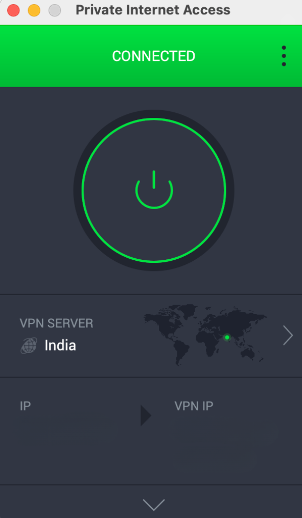 PIA Mac app connected to the India VPN server.