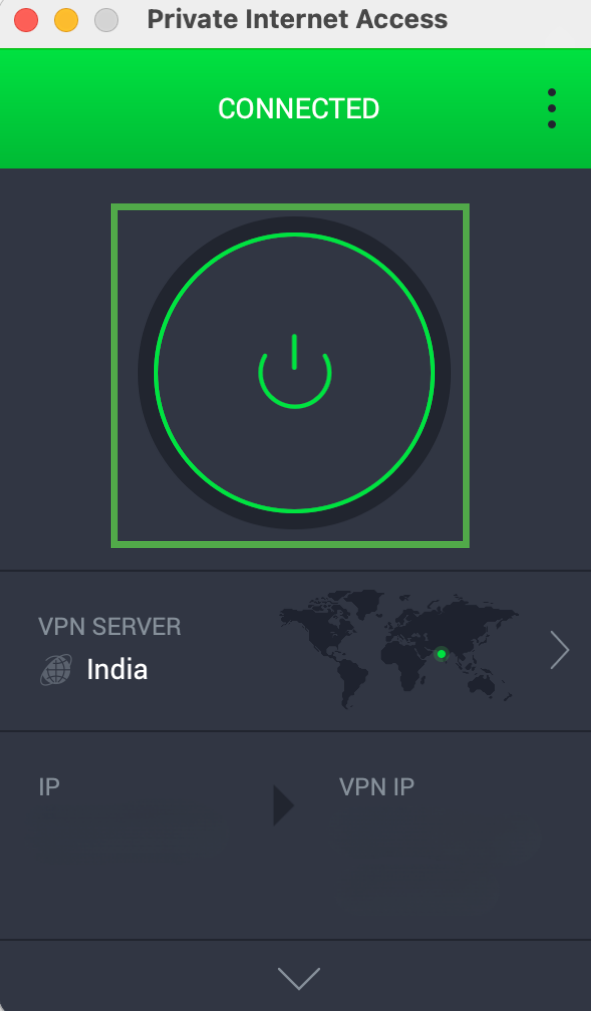 PIA app connected to the India VPN server with the power button highlighted.