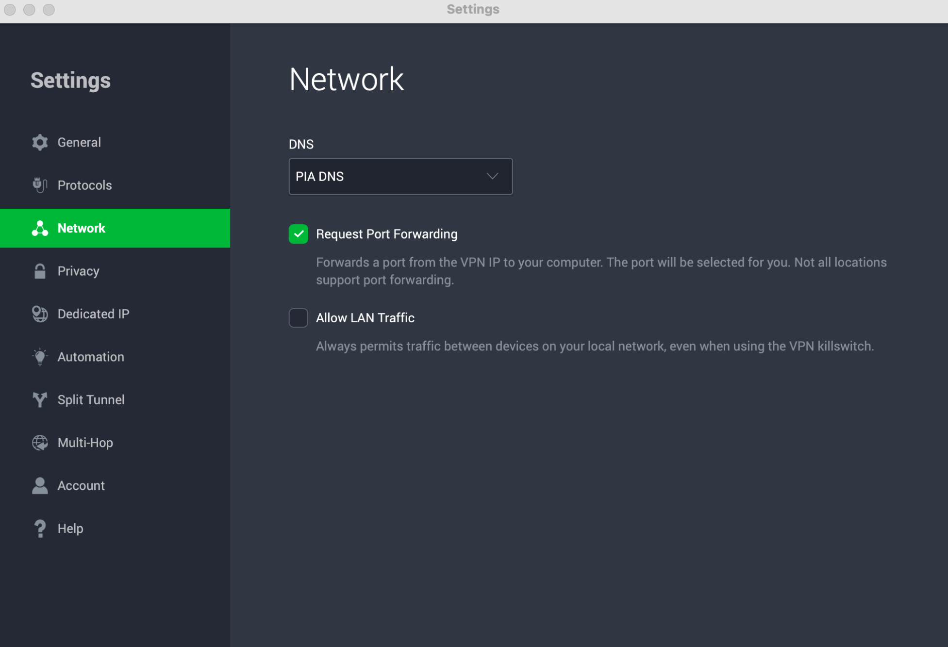 PIA Network settings with PIA DNS selected.