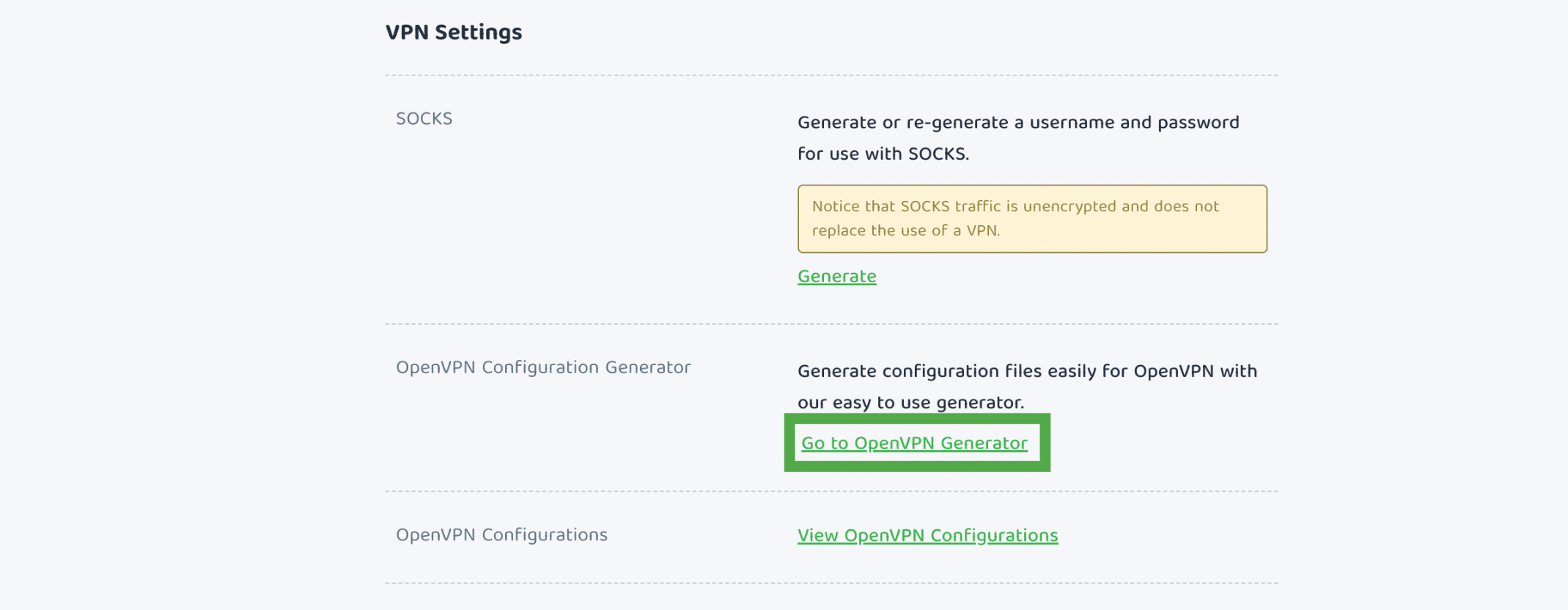 PIA's client control panel with OpenVPN Configuration Generator highlighted.