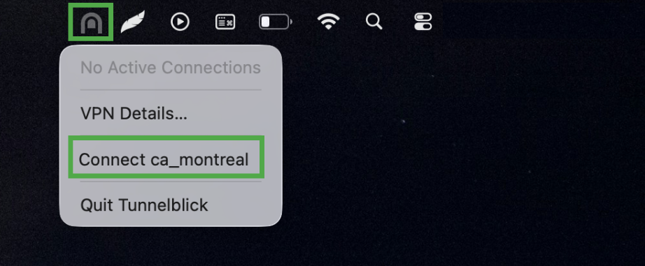 Tunnelblick menu bar menu with the Connect ca_montreal option displayed.