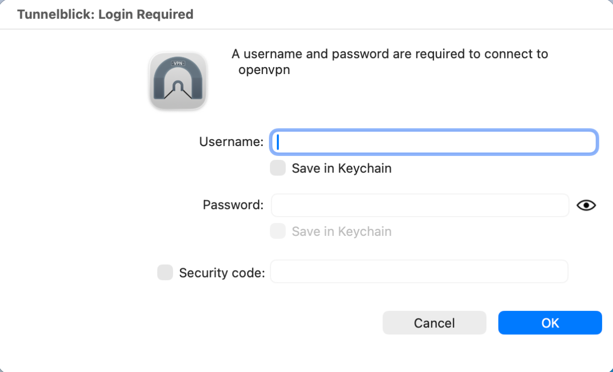 Tunnelblick login window prompting user for the VPN username and password.