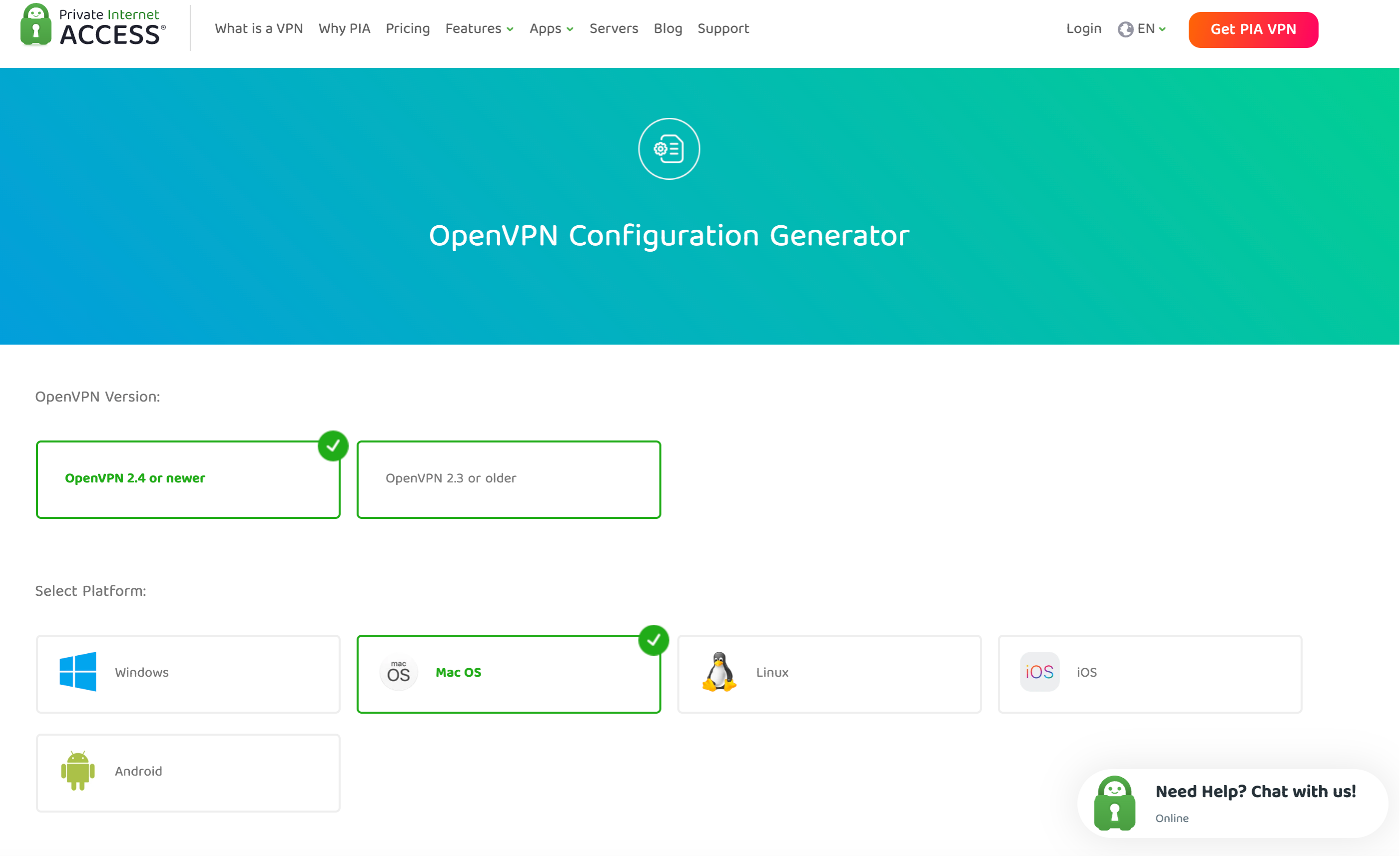 PIA's OpenVPN Configuration Generator, showing the available OpenVPN versions and platforms.
