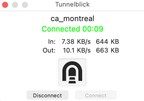 Tunnelblick connected to the PIA's ca_montreal VPN server on macOS.