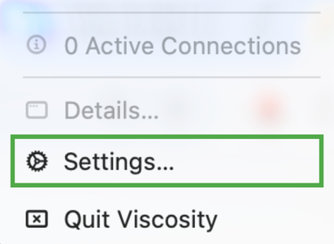 Viscosity menu with Settings option highlighted.