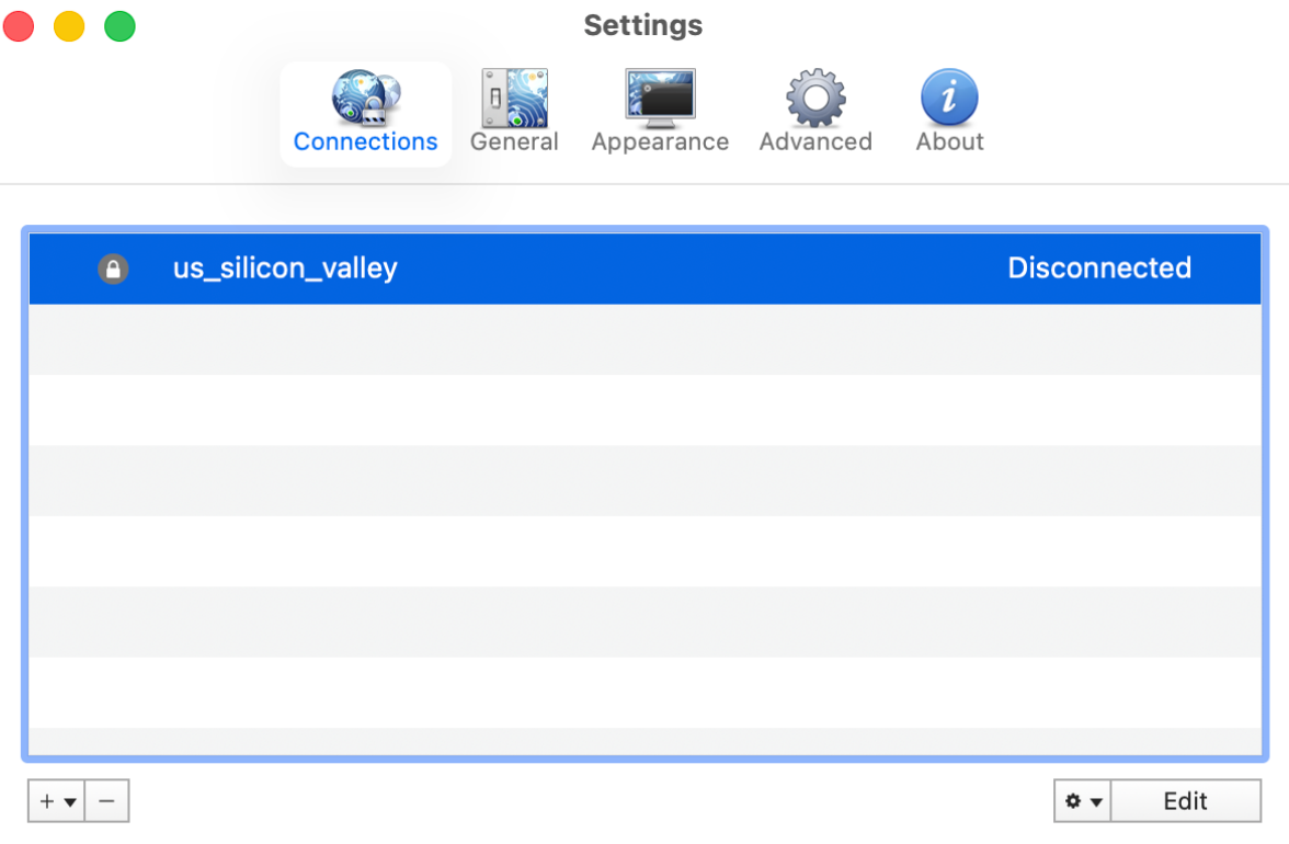 Viscosity Settings window with the imported us_silicon_valley connection selected.