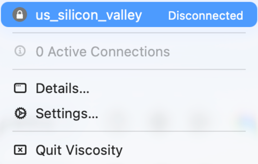 Viscosity menu showing the us_silicon_valley connection disconnected.