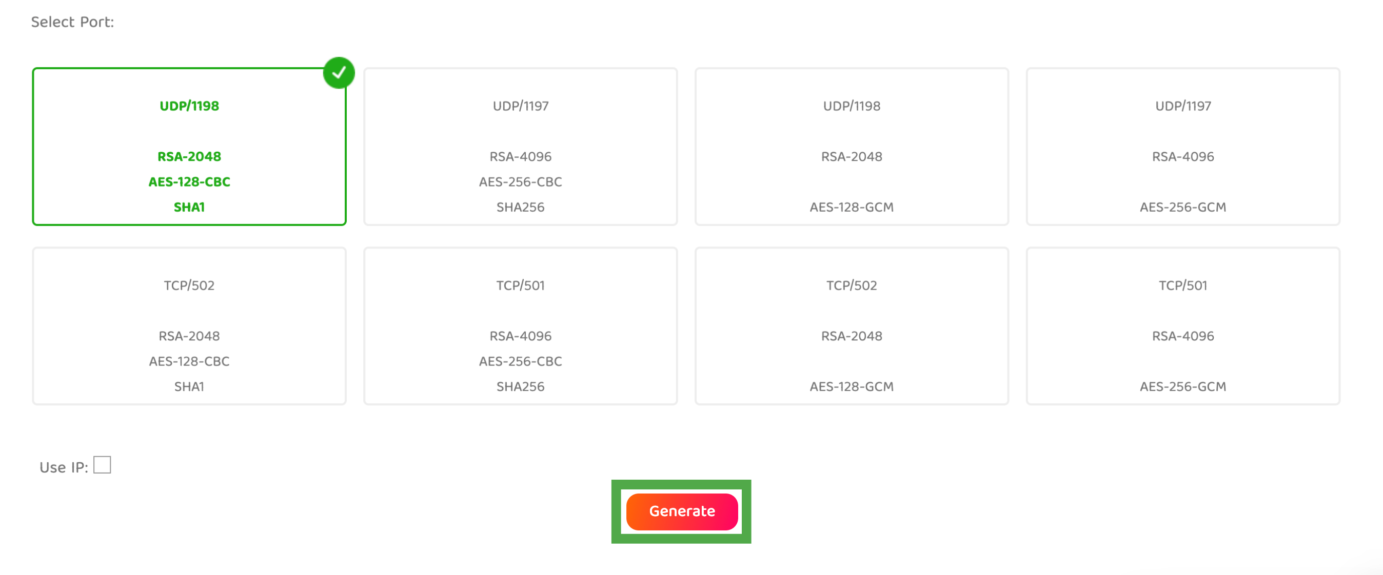 The available ports for the OpenVPN configuration on PIA's OpenVPN Configuration Generator page, with a highlighted "Generate" button at the bottom.