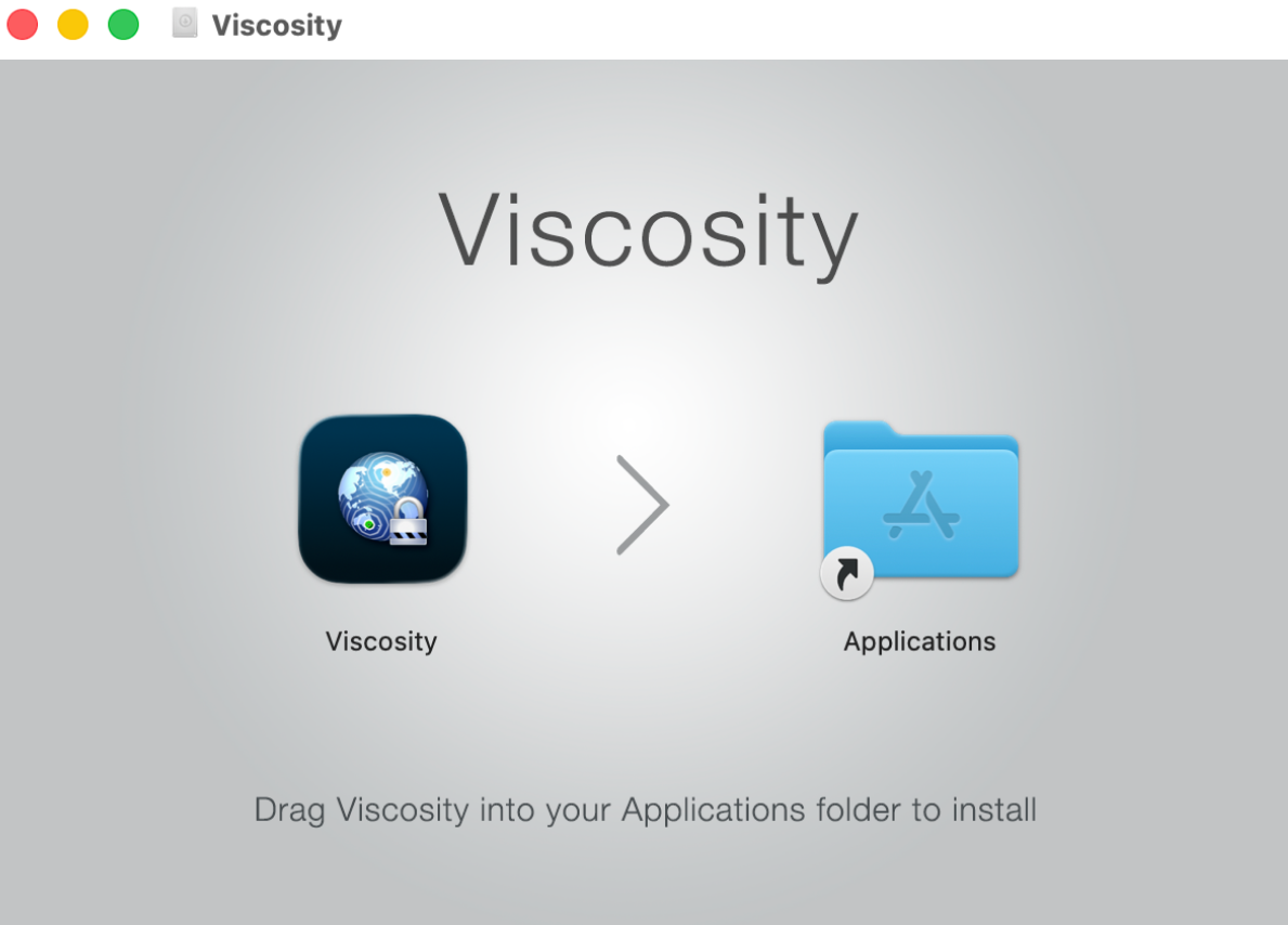 Viscosity installation window prompting you to drag the app into Applications.