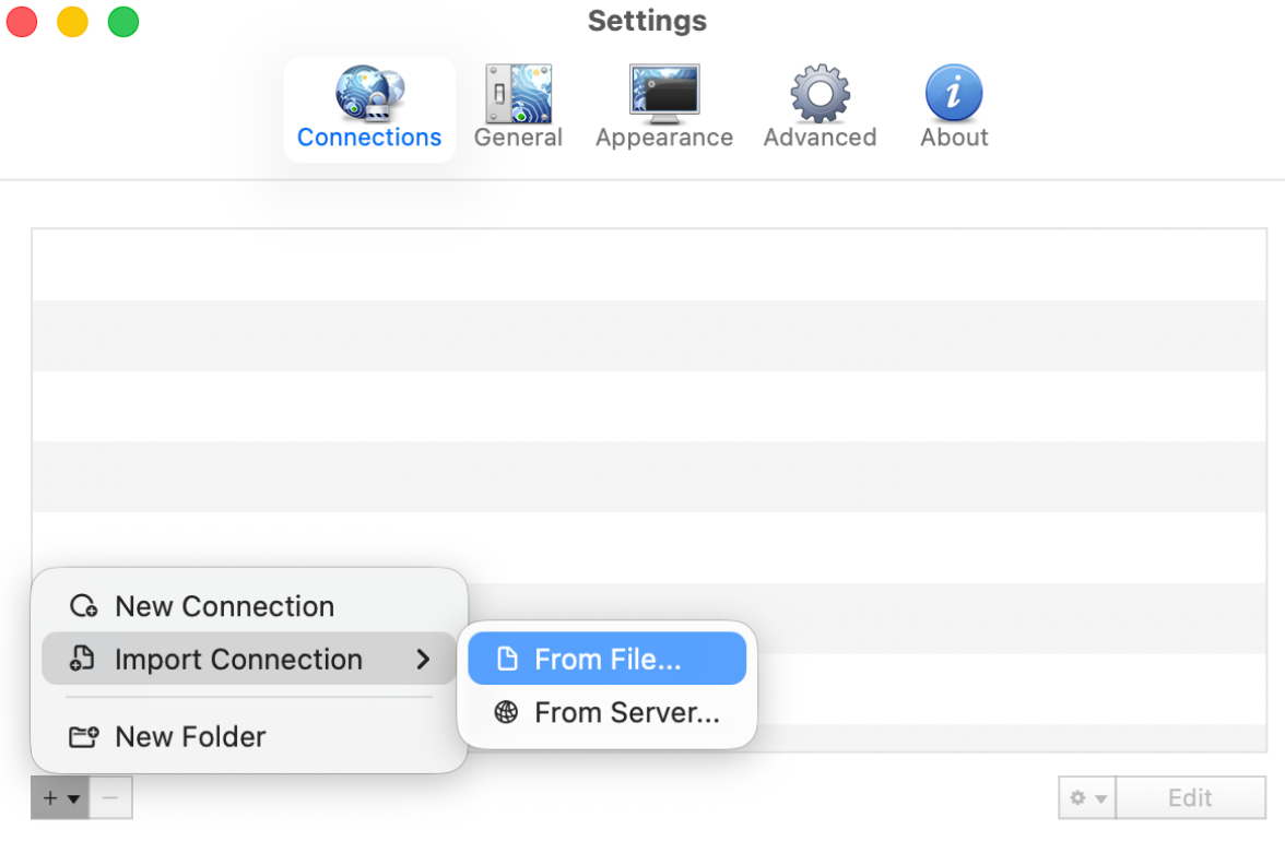 Viscosity Connections tab with Import Connection > From File selected.