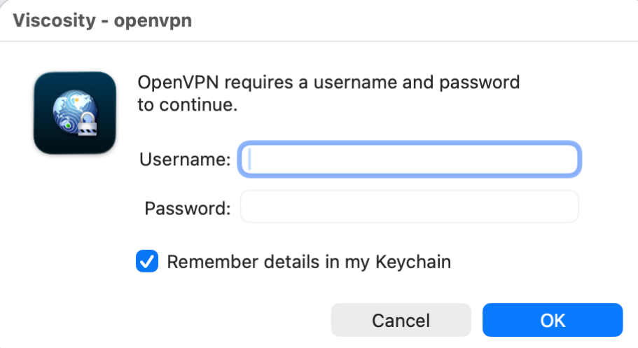 Viscosity prompt requesting the OpenVPN username and password.