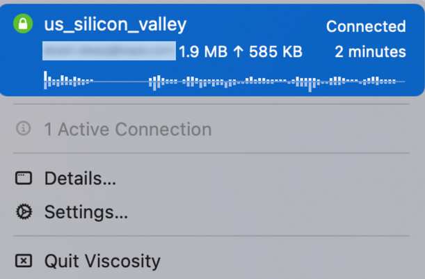 Viscosity connection menu showing an active connection to us_silicon_valley server.