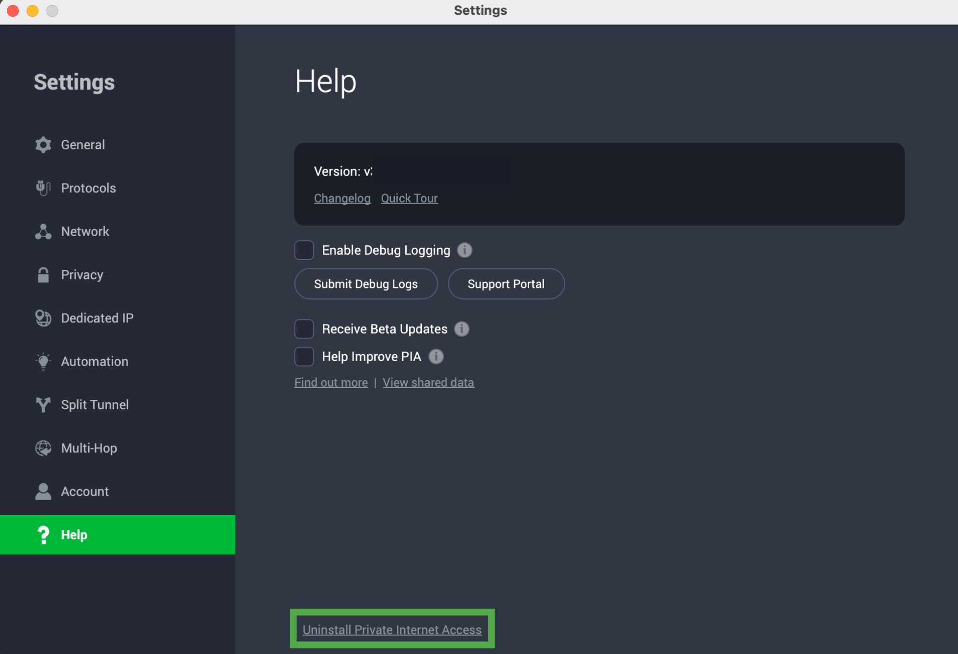 PIA Help settings showing the Uninstall Private Internet Access option at the bottom of the page.