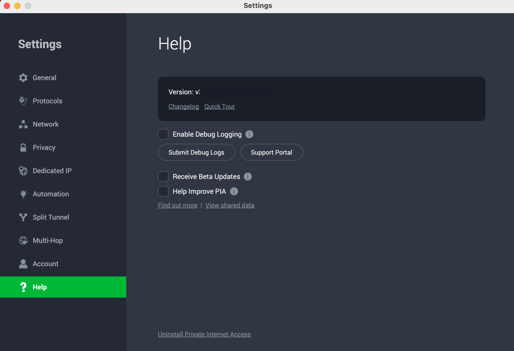 PIA Mac app with Help tab highlighted.