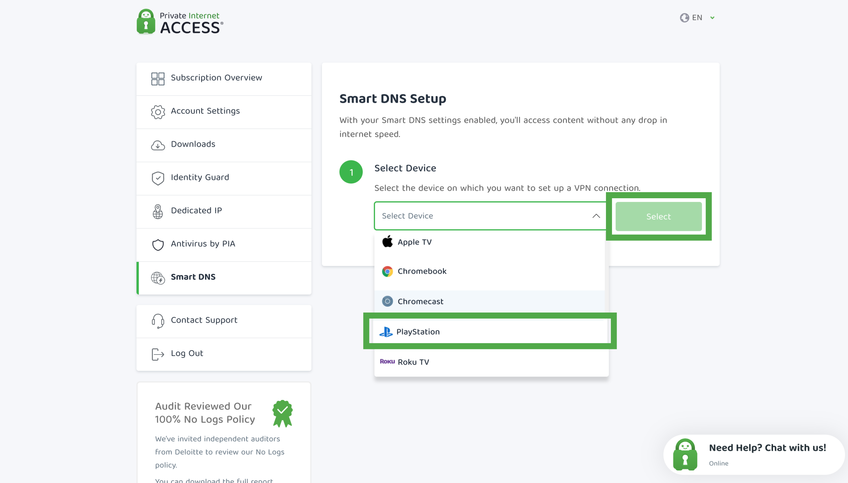 PlayStation option highlighted in the Smart DNS device selection list.