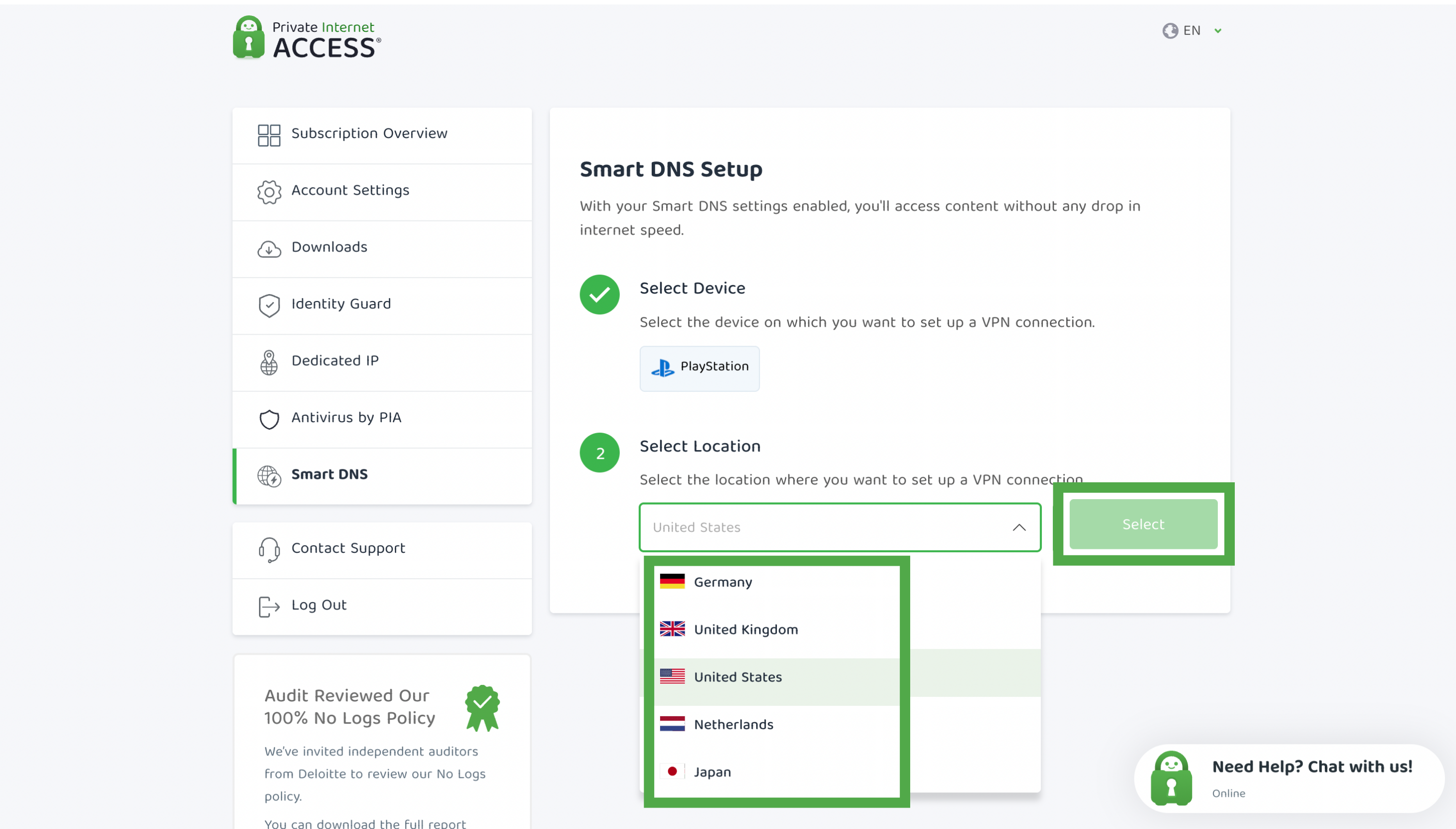 Smart DNS location list with United States selected and Select button highlighted.