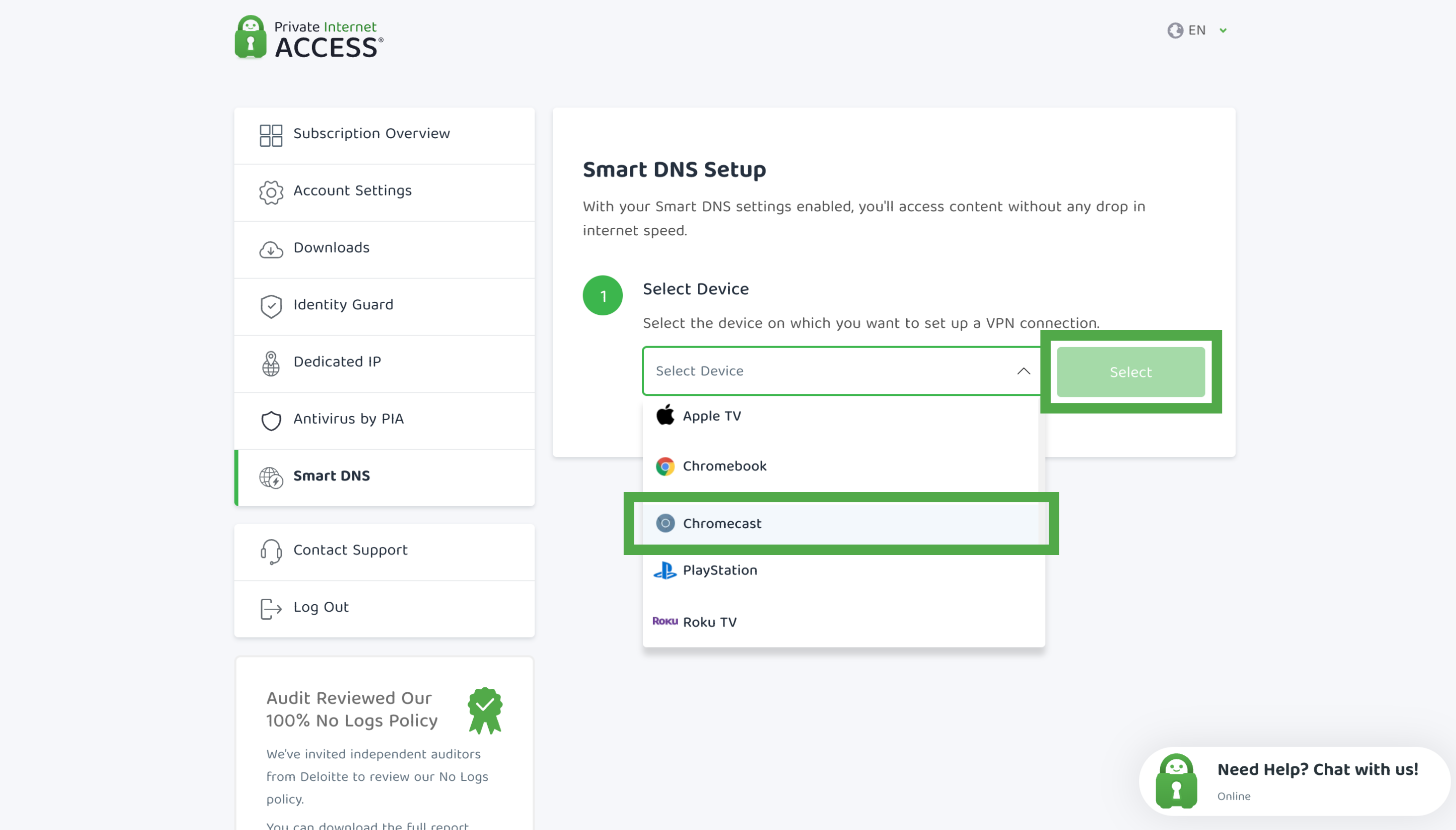 Chromecast option highlighted in the Smart DNS device selection list.