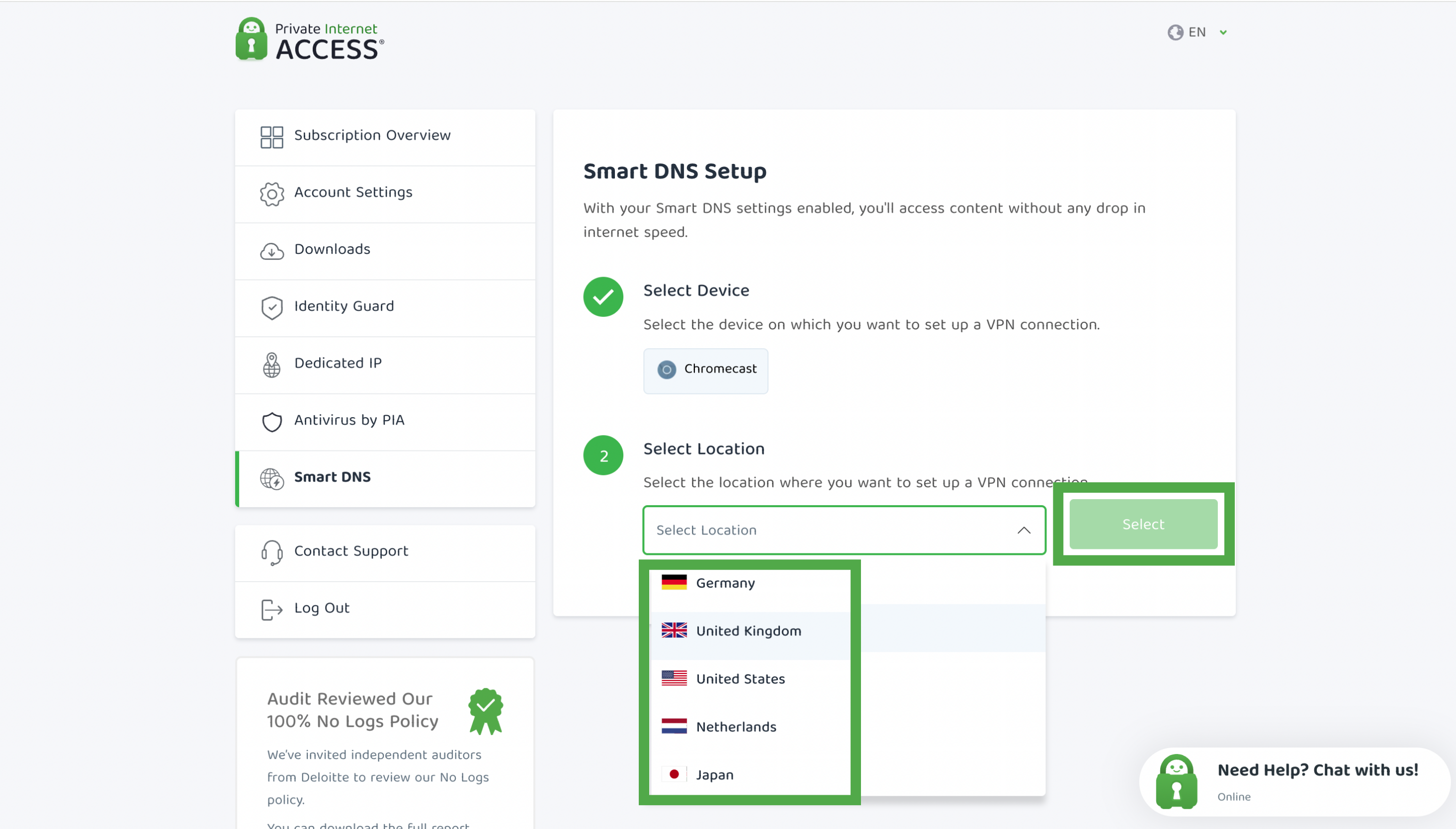 Smart DNS location list and Select button highlighted.