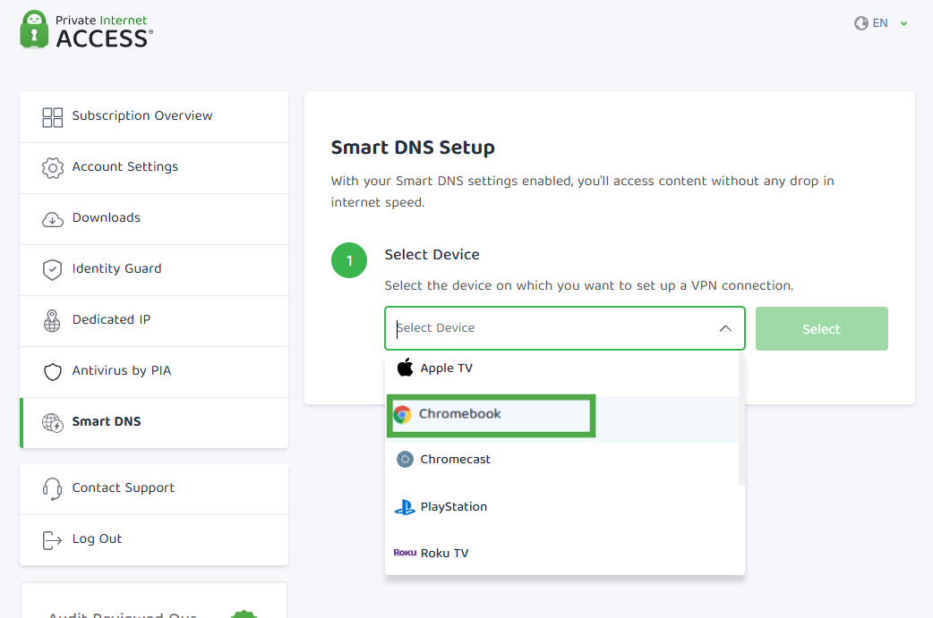 List of device available for Smart DNS in the setup menu