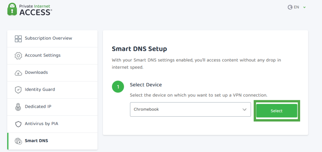 Select button highlighted with Chromebook selected for Smart DNS setup