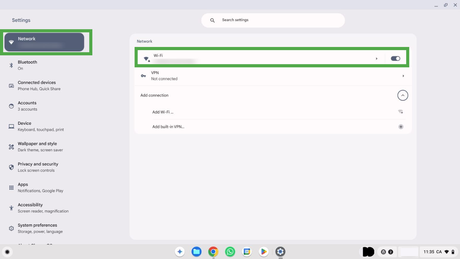 Chromebook settings screen with the network and Wi-Fi buttons shown