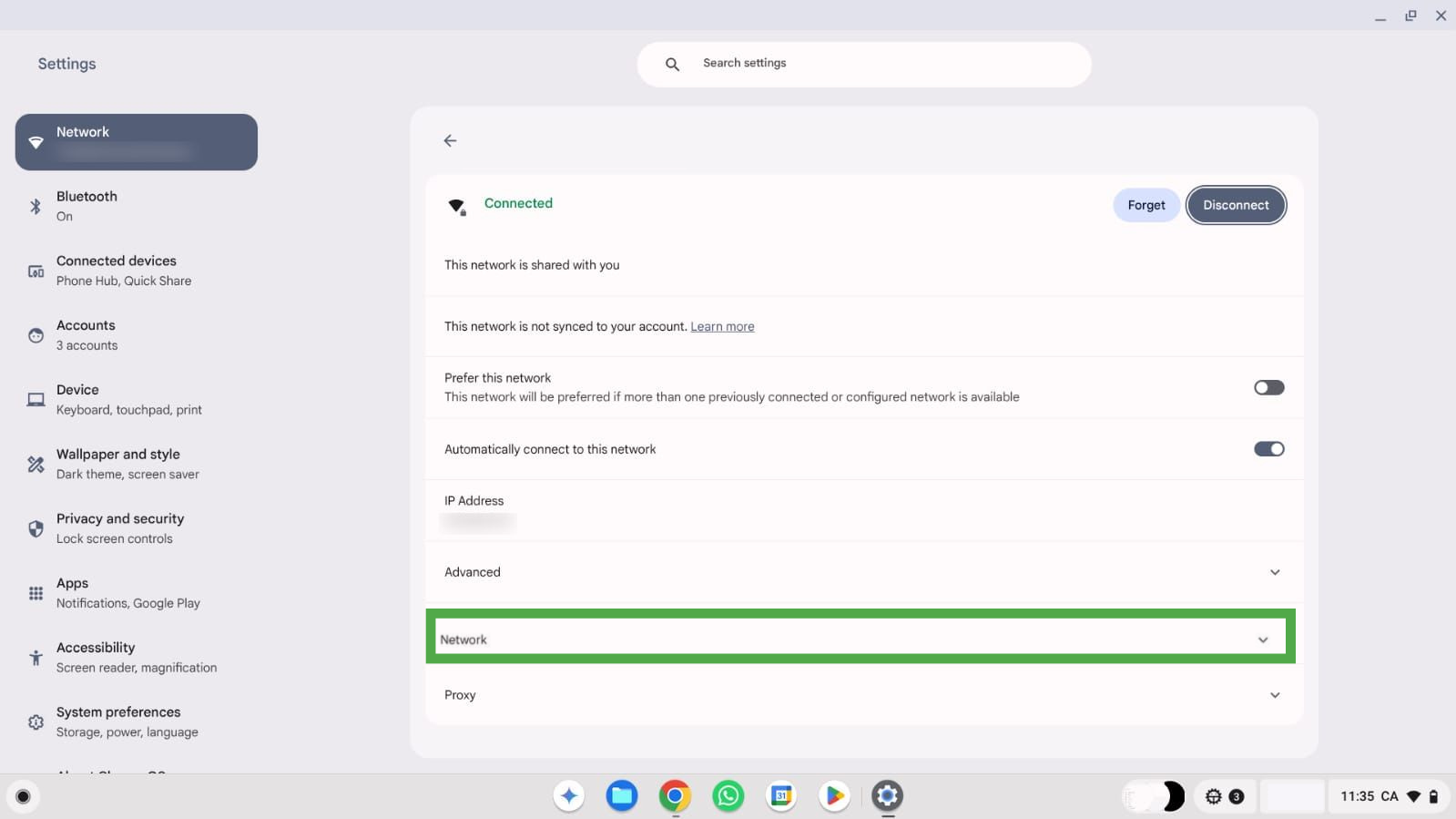 Network button shown in individual Wi-Fi connection settings