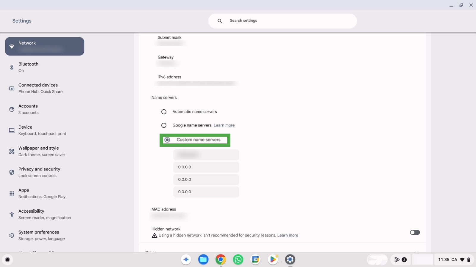 Custom name servers toggle with fields to enter a custom DNS