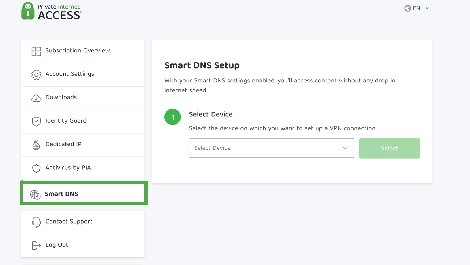 PIA control panel showing the Smart DNS option