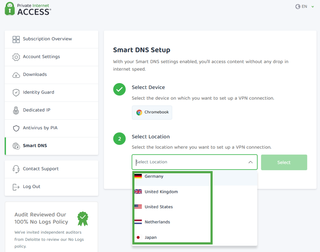 Dropdown menu showing the locations available for Smart DNS
