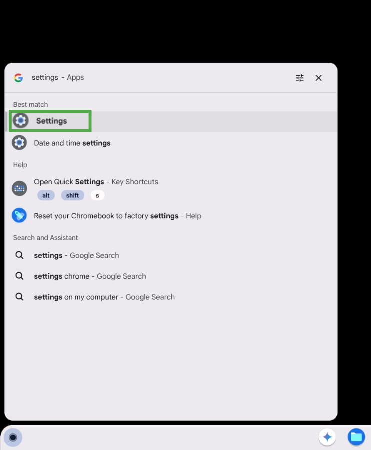Settings shown after searching for it in Chromebook Launcher