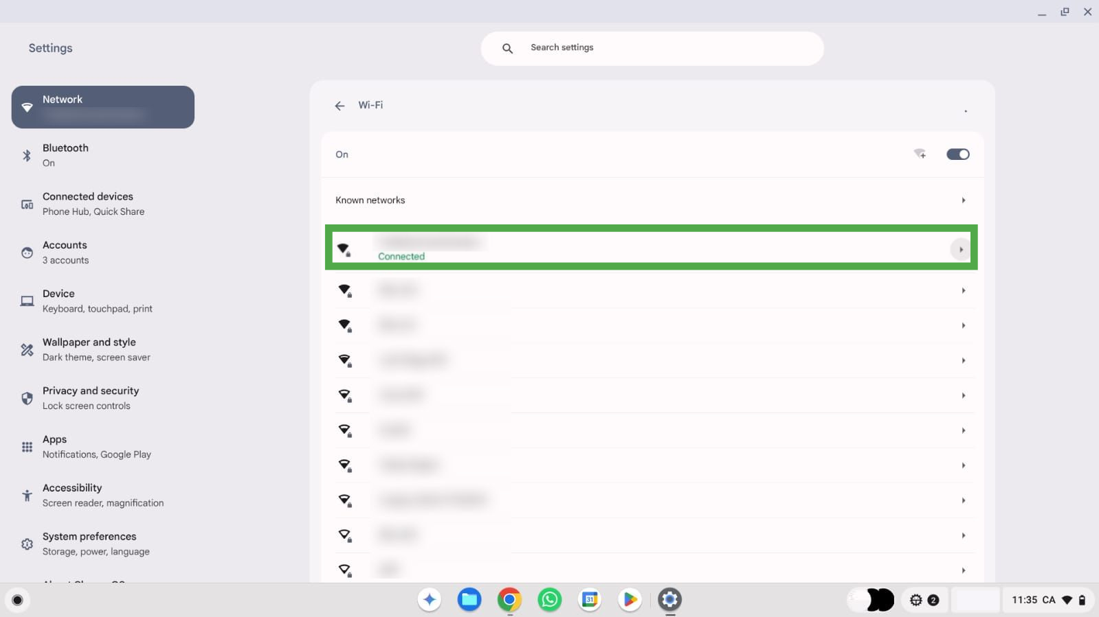 List of detected Wi-Fi networks, with the connected one at the top of the list