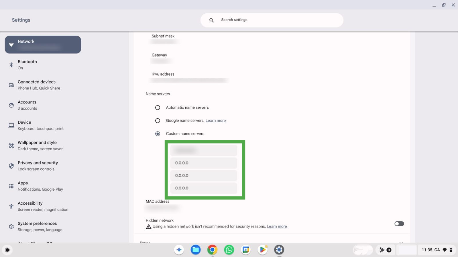 Smart DNS number entered into the custom name server