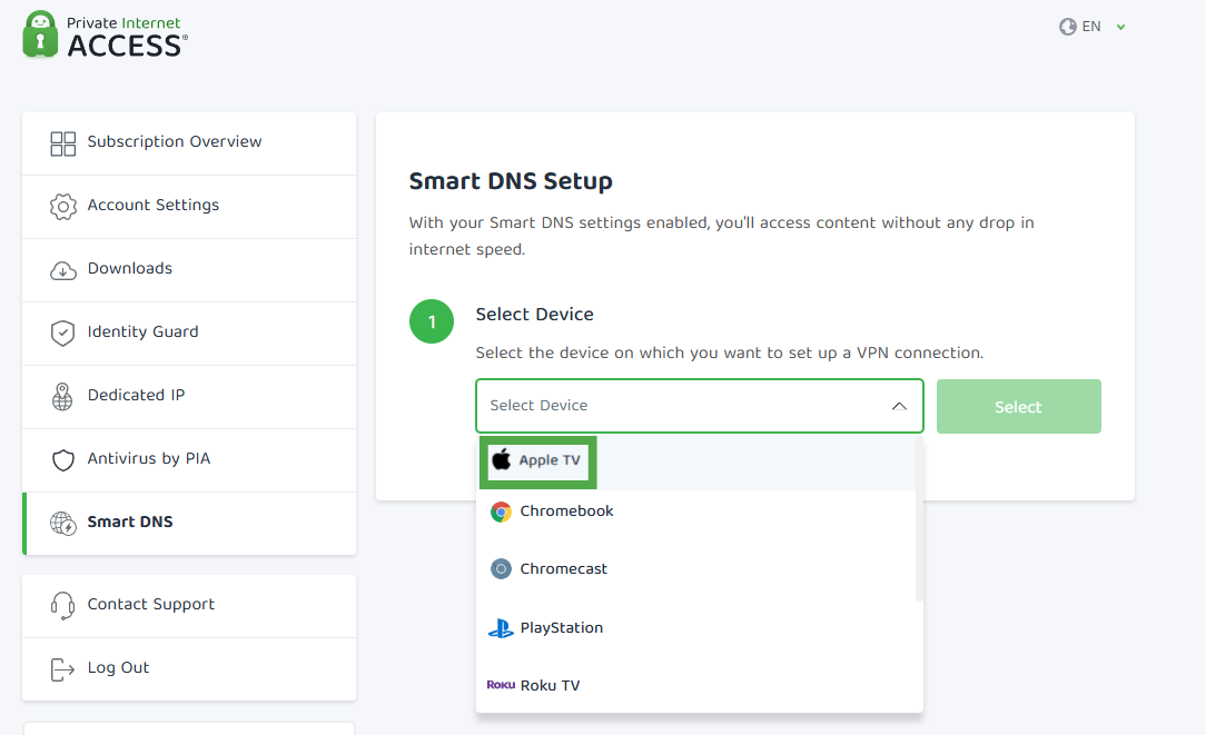 Dropdown menu with list of devices available for PIA Smart DNS