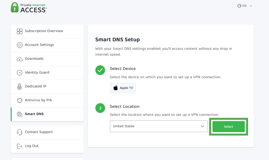 Select button highlighted after picking Smart DNS location