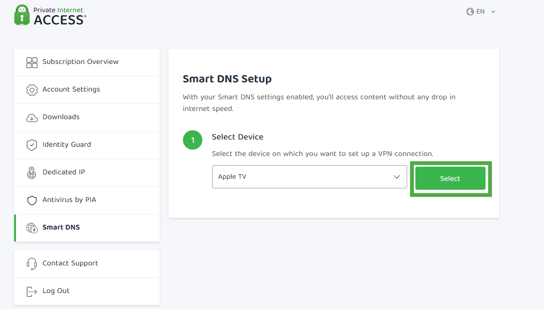 Select option highlighted after picking a Smart DNS device