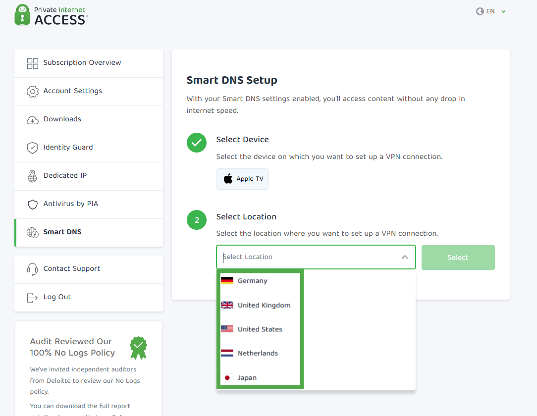 List of locations available for PIA Smart DNS