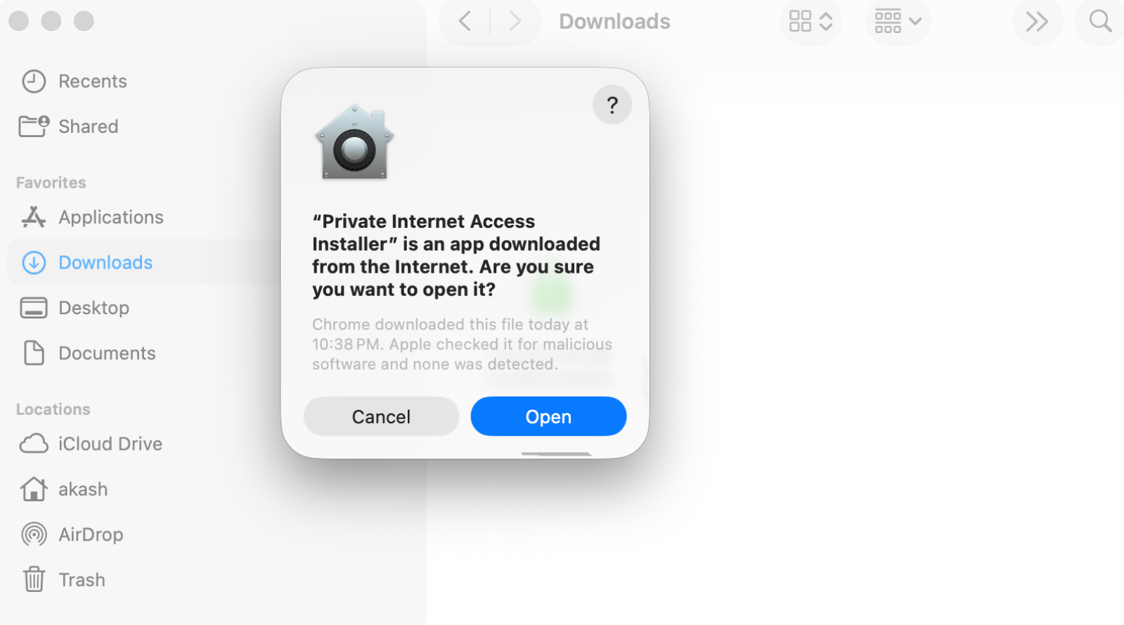 macOS security prompt asking to open the Private Internet Access Installer.