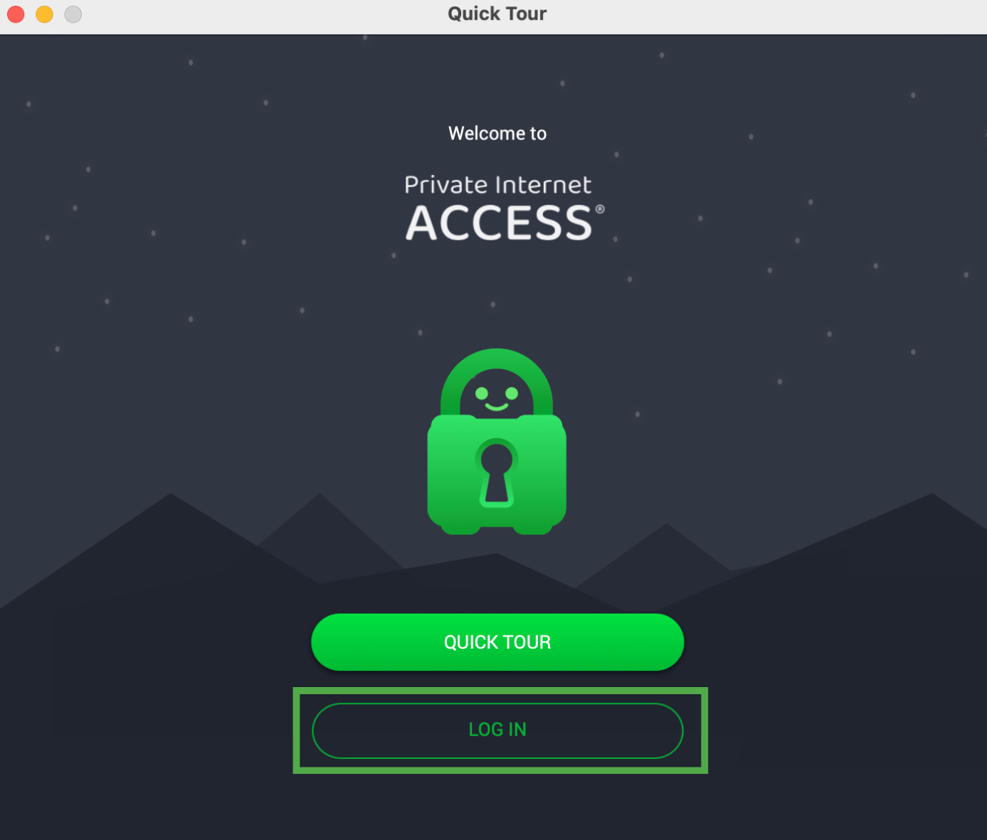PIA Mac app welcome screen with Quick Tour and Log In options.