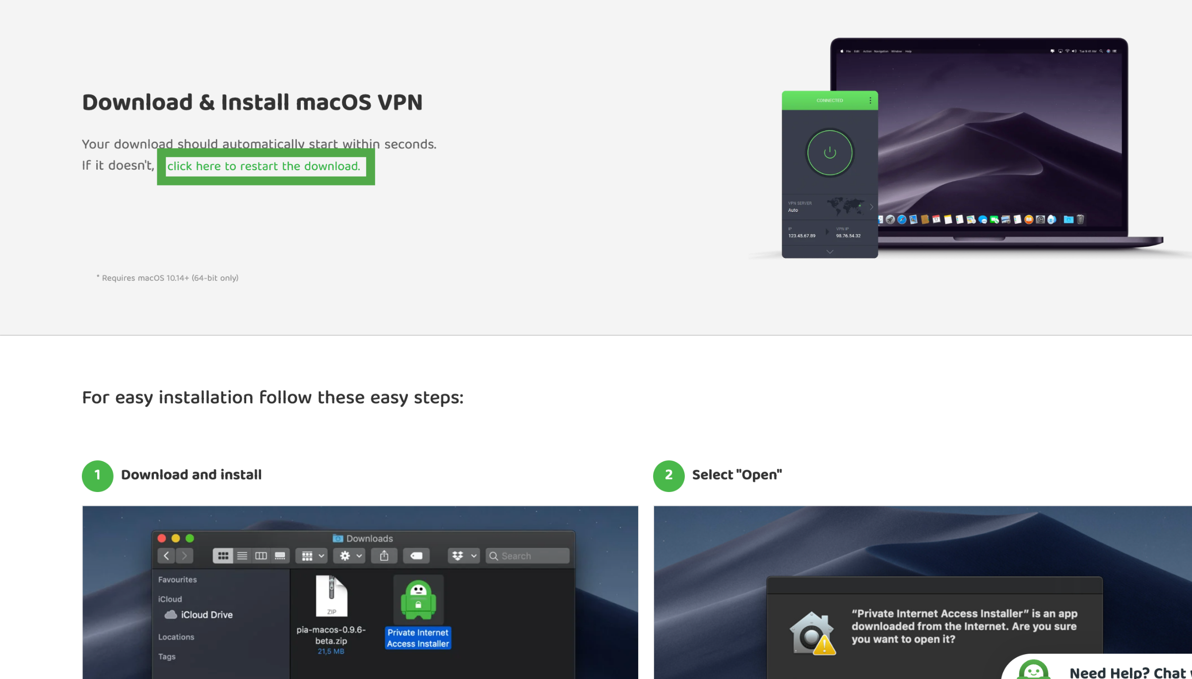 PIA macOS VPN download page with the restart download link highlighted.
