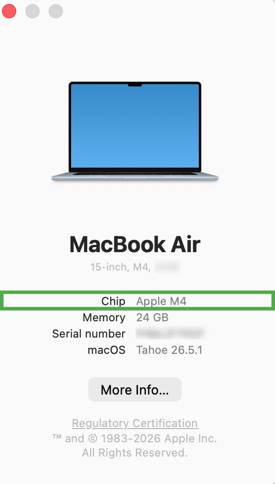 The "About This Mac" window, highlighting the "Chip" row.