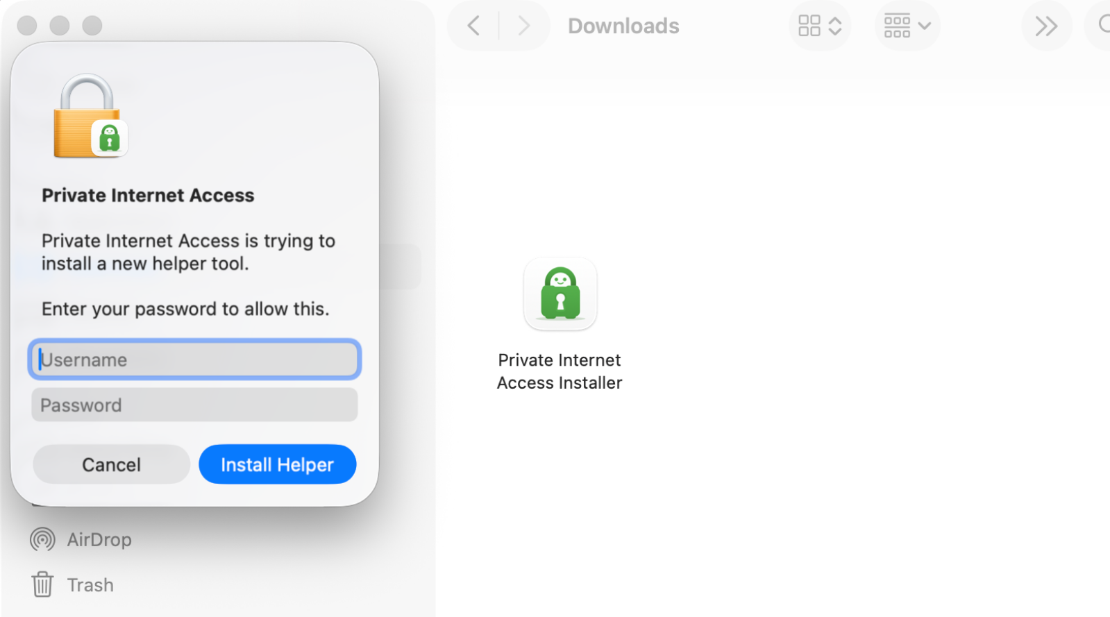 macOS prompt asking for permission to install the PIA helper tool.