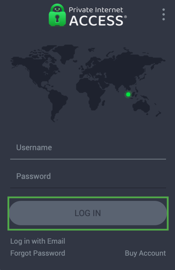 PIA Mac app login screen with the Log In button highlighted.