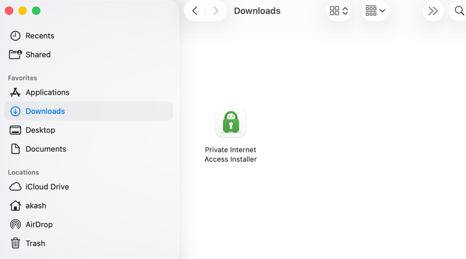 Downloads folder on a Mac showing the Private Internet Access Installer.