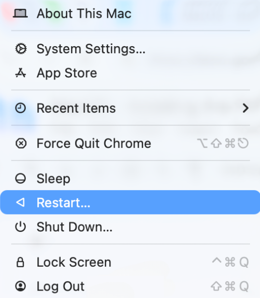 Apple menu with Restart option selected.