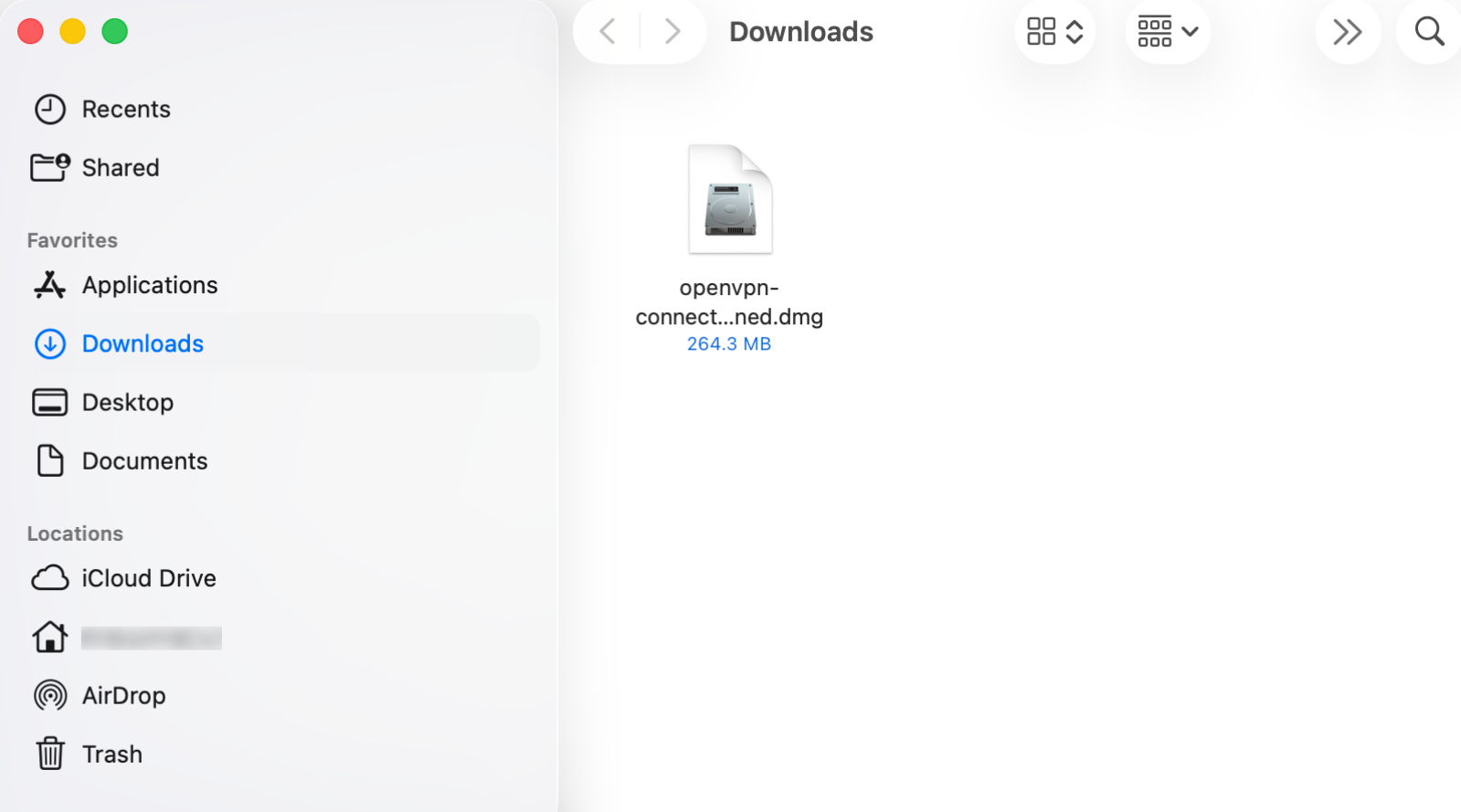 macOS Downloads folder showing the OpenVPN Connect DMG file.