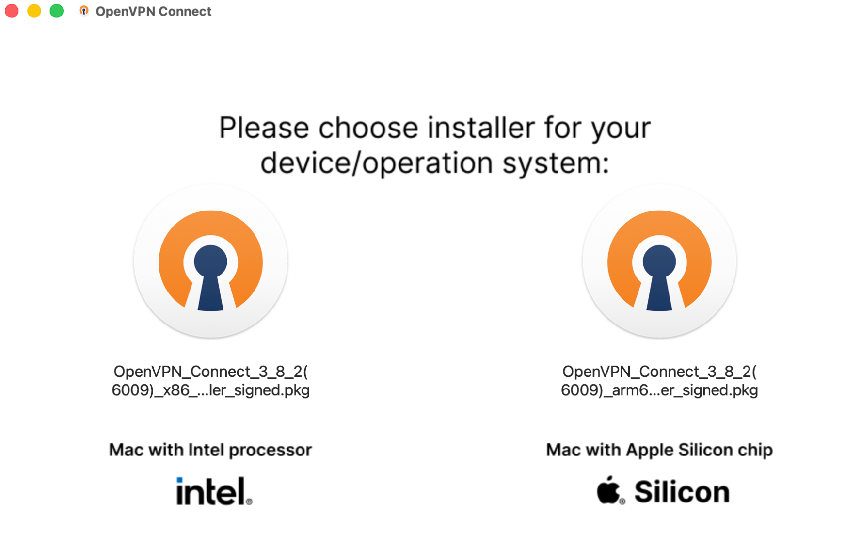 OpenVPN Connect on Mac asking the user to choose the Intel or Apple Silicon installer.