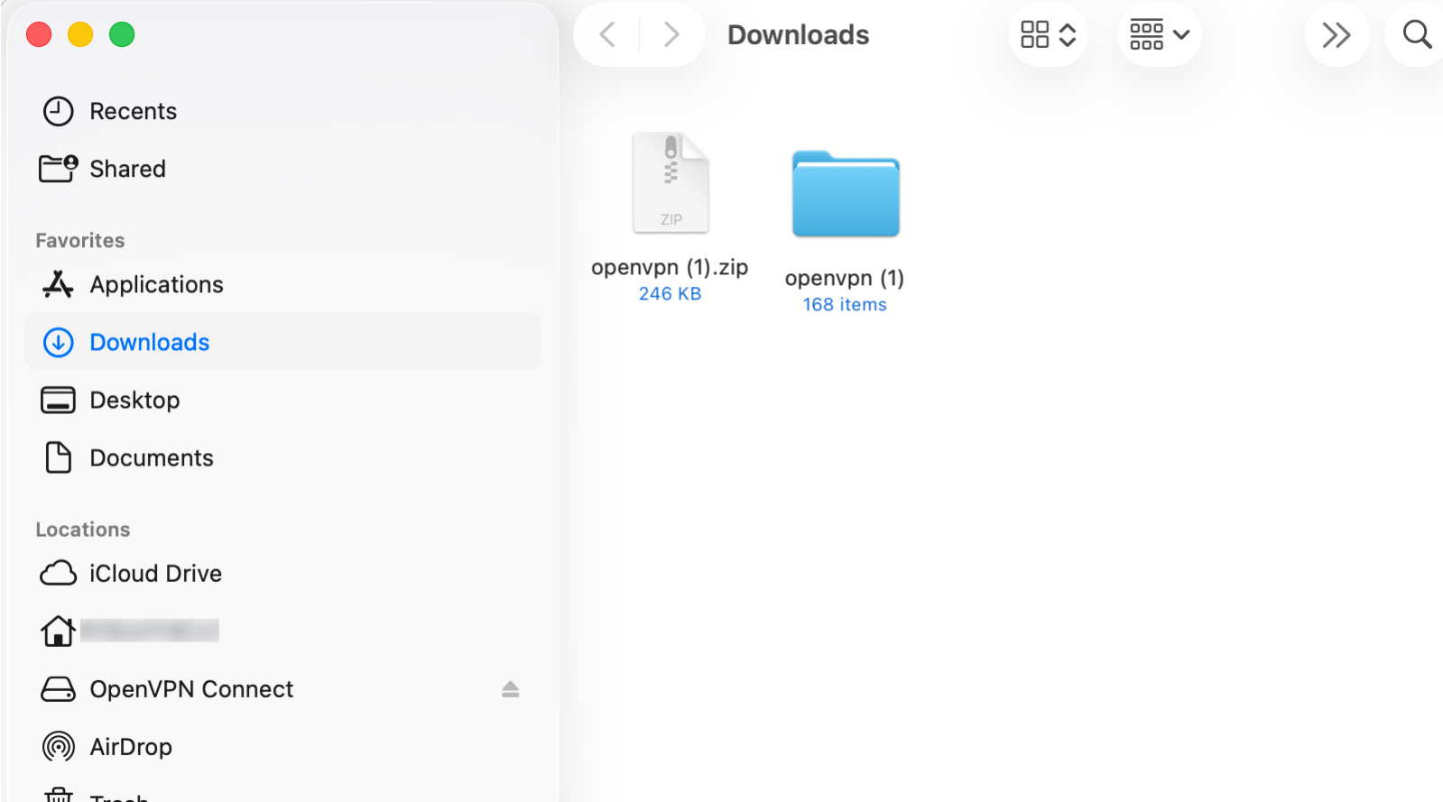 macOS Downloads folder showing an OpenVPN ZIP file and extracted OpenVPN folder.
