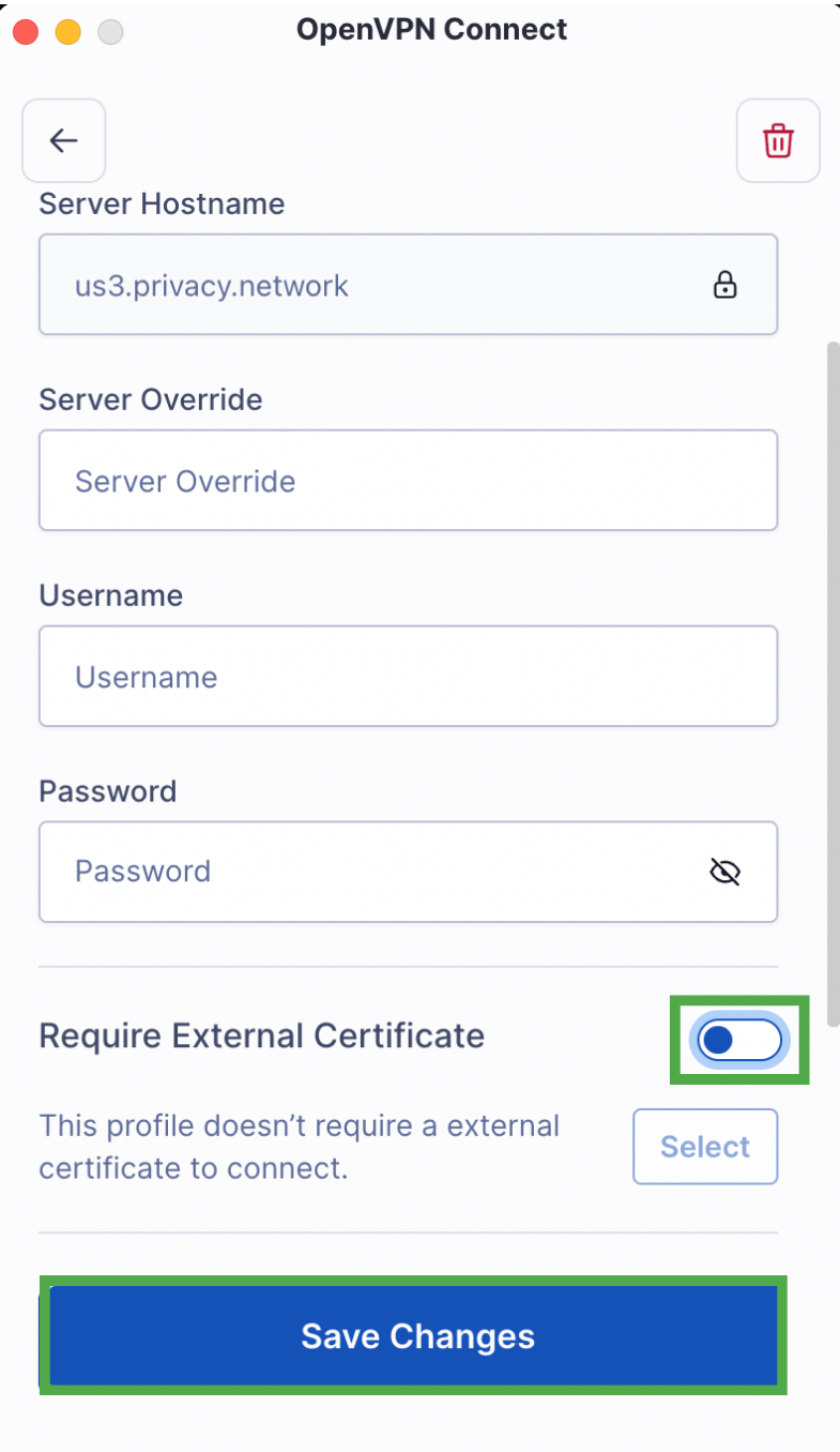 OpenVPN Connect on Mac profile settings with Require External Certificate disabled and Save Changes highlighted.