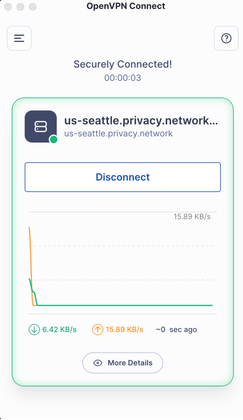 OpenVPN Connect on Mac securely connected to the Seattle VPN profile.