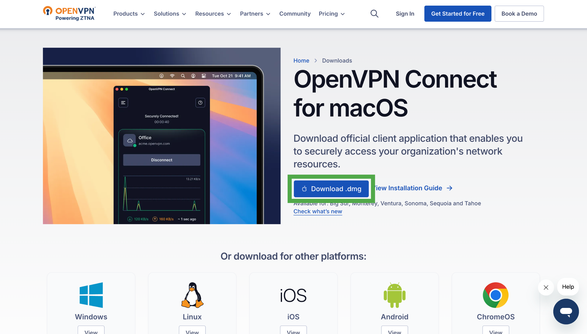 OpenVPN Connect for macOS download page with the Download .dmg button highlighted.
